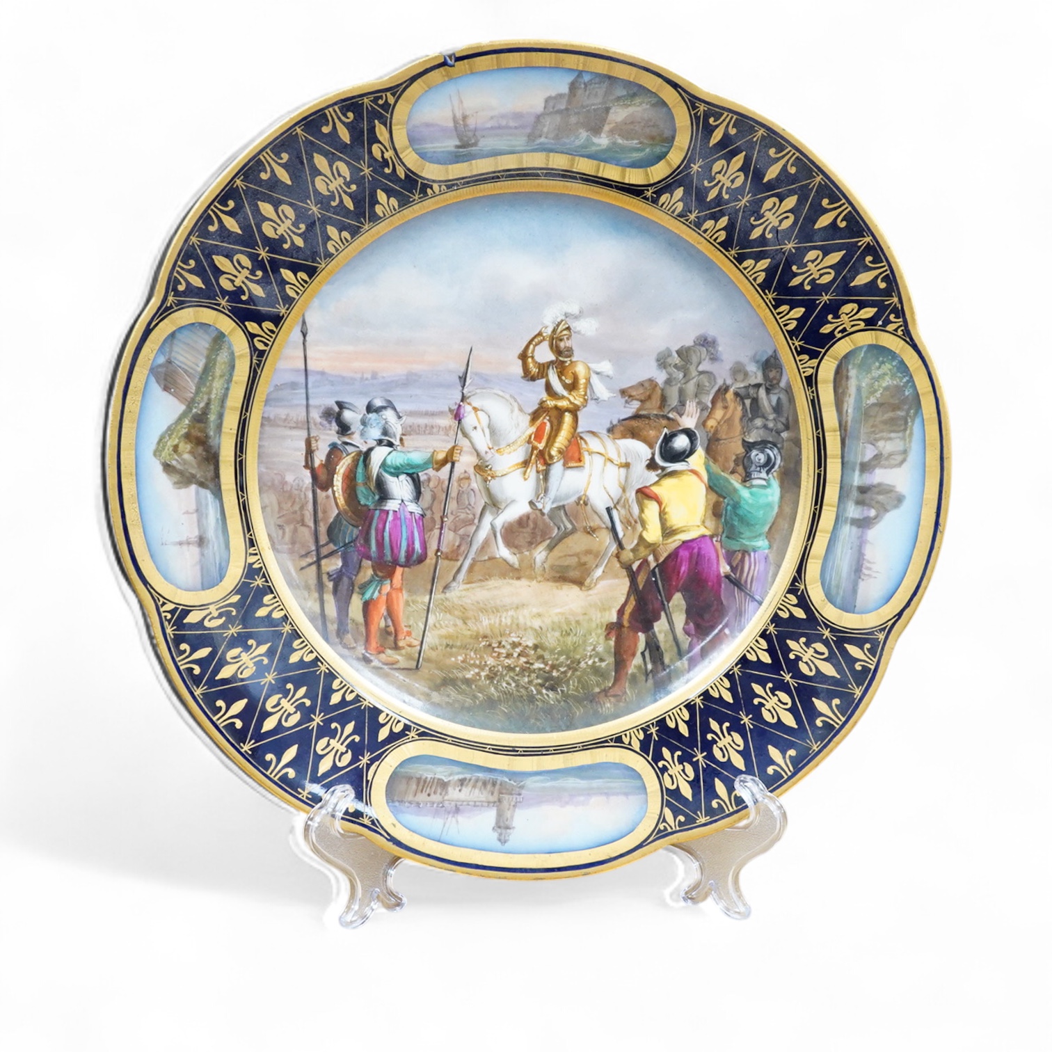 A Sevres style cabinet plate, with a central cartouche of Henri IV at the battle of Ivry 25.5cm diameter.